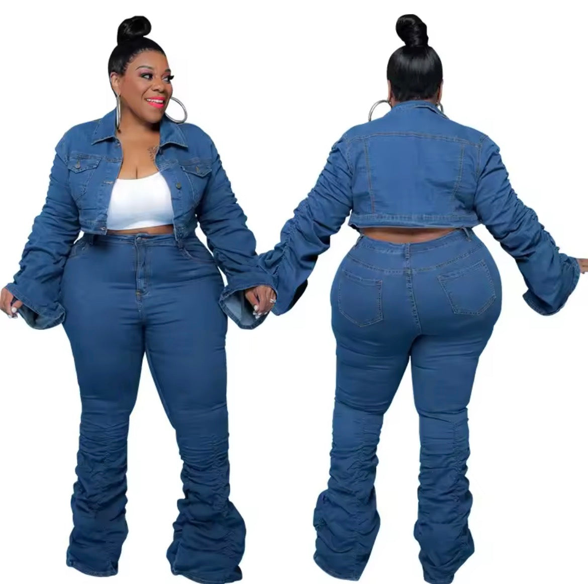 Ruched denim two piece set