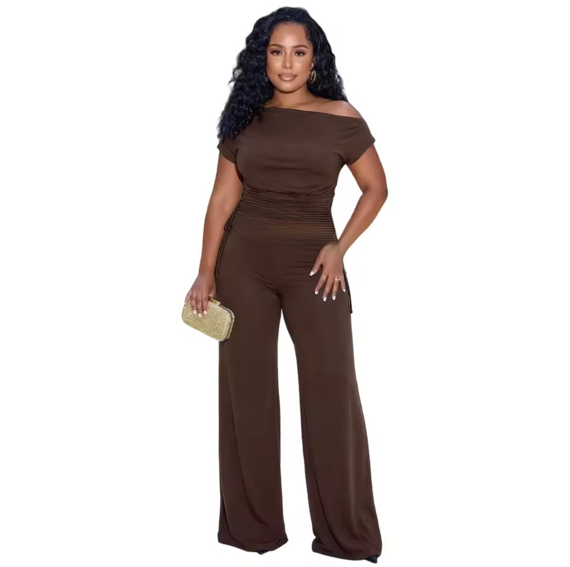 Short sleeve two piece with wide leg pants