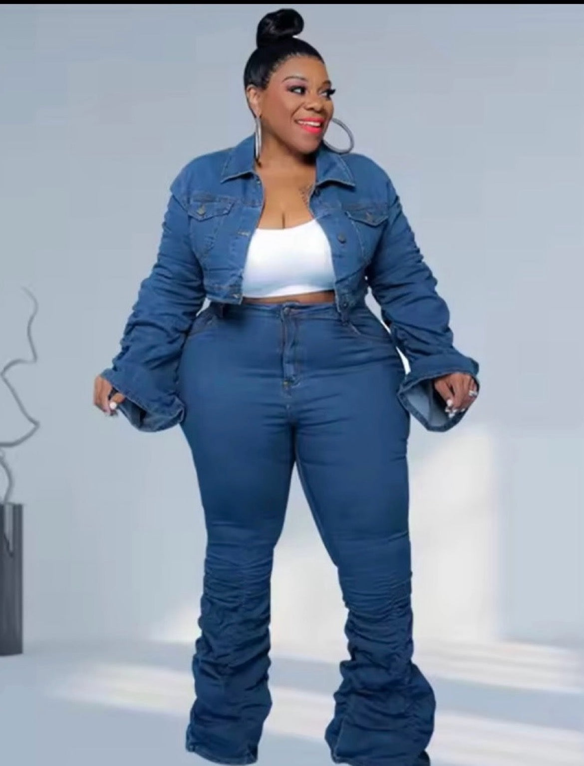 Ruched denim two piece set